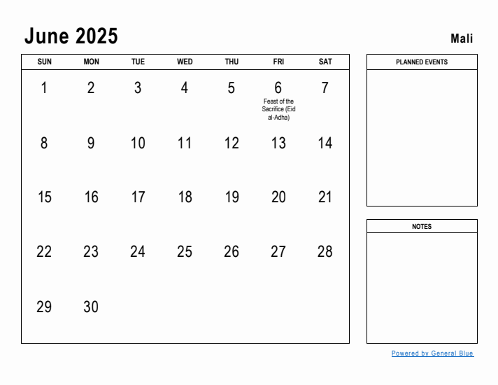 June 2025 Printable Monthly Calendar with Mali Holidays