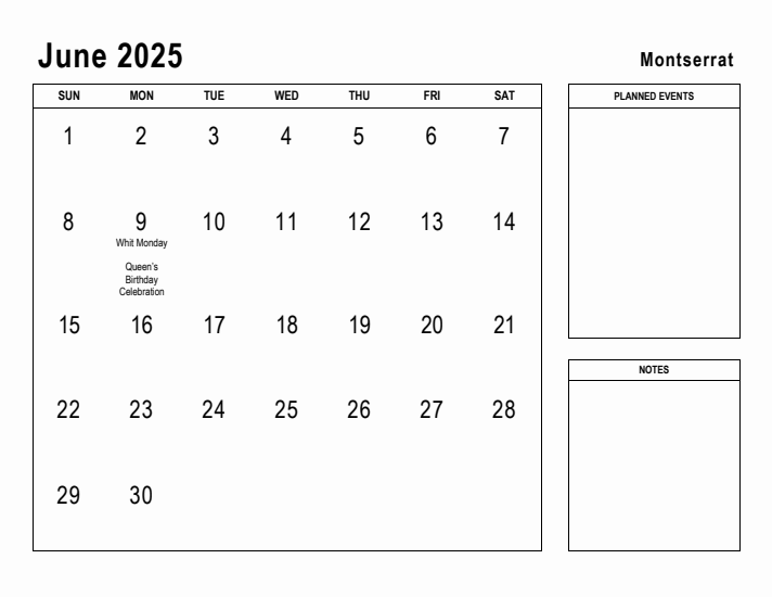 June 2025 Printable Monthly Calendar with Montserrat Holidays
