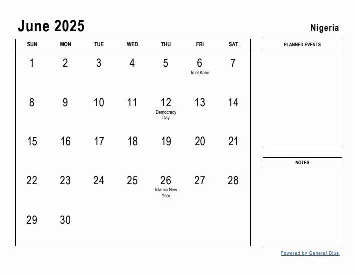 June 2025 Printable Monthly Calendar with Nigeria Holidays