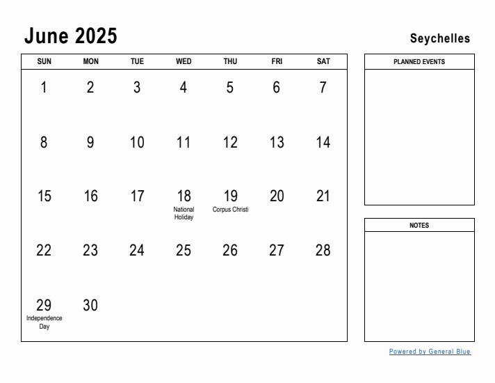 June 2025 Printable Monthly Calendar with Seychelles Holidays