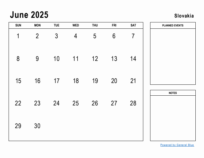 June 2025 Printable Monthly Calendar with Slovakia Holidays