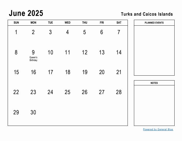 June 2025 Printable Monthly Calendar with Turks and Caicos Islands Holidays