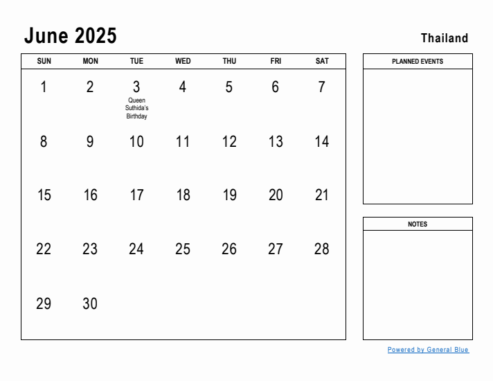 June 2025 Printable Monthly Calendar with Thailand Holidays
