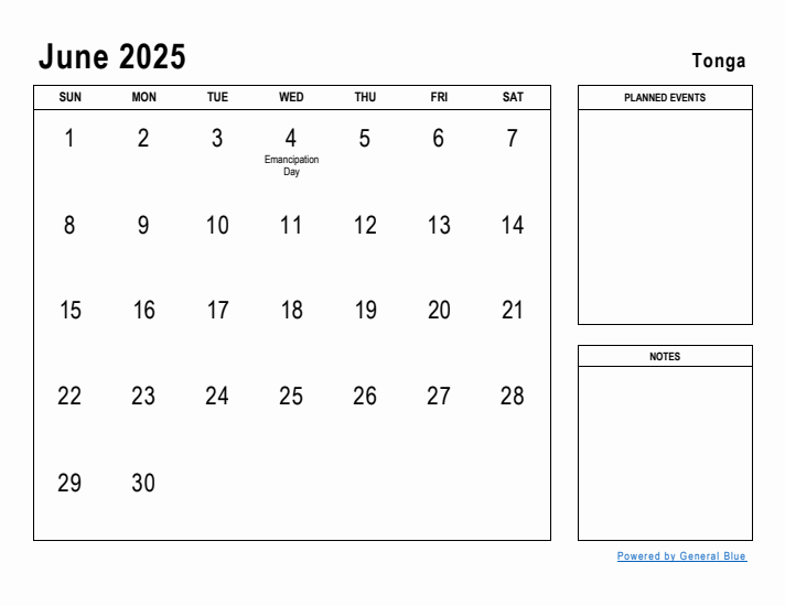June 2025 Printable Monthly Calendar with Tonga Holidays