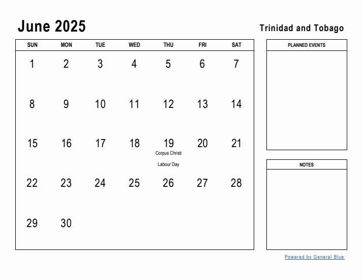 June 2025 Printable Monthly Calendar with Trinidad and Tobago Holidays