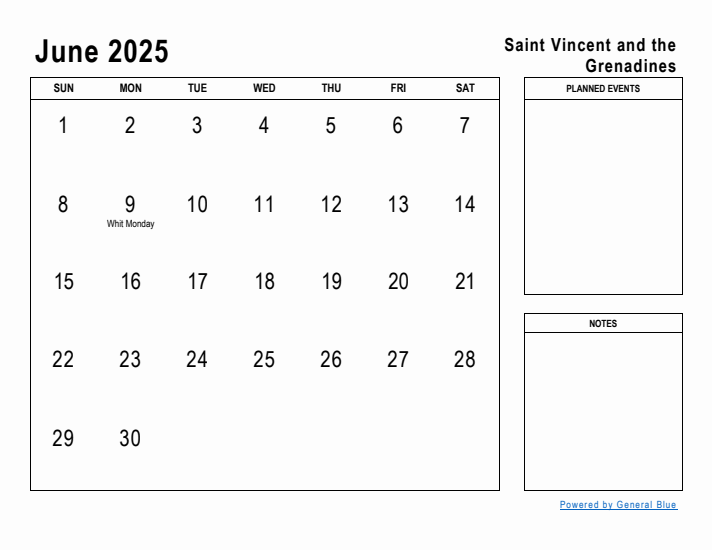 June 2025 Printable Monthly Calendar with Saint Vincent and the Grenadines Holidays