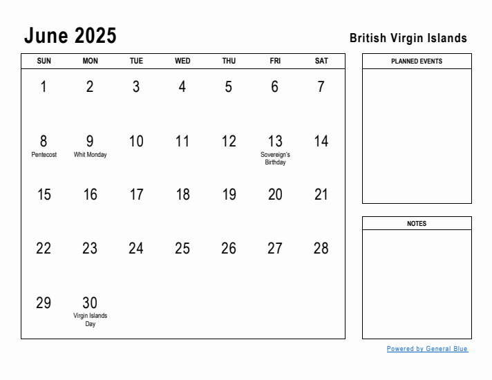 June 2025 Printable Monthly Calendar with British Virgin Islands Holidays