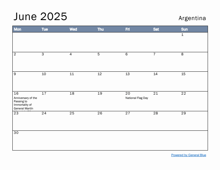 June 2025 Simple Monthly Calendar for Argentina
