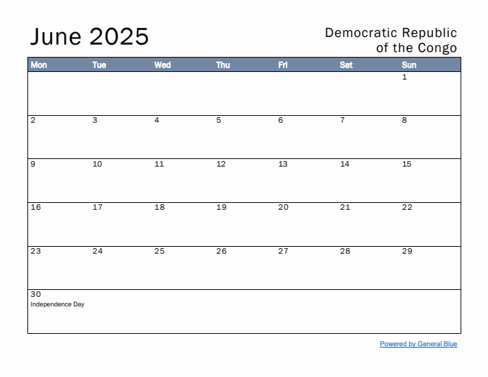 June 2025 Simple Monthly Calendar for Democratic Republic of the Congo