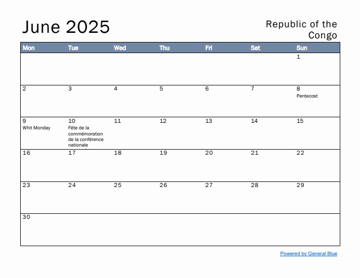 June 2025 Simple Monthly Calendar for Republic of the Congo