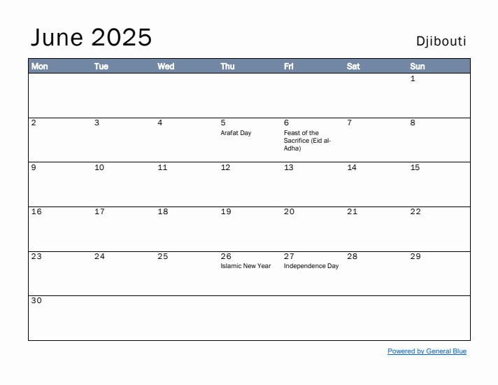 June 2025 Simple Monthly Calendar for Djibouti