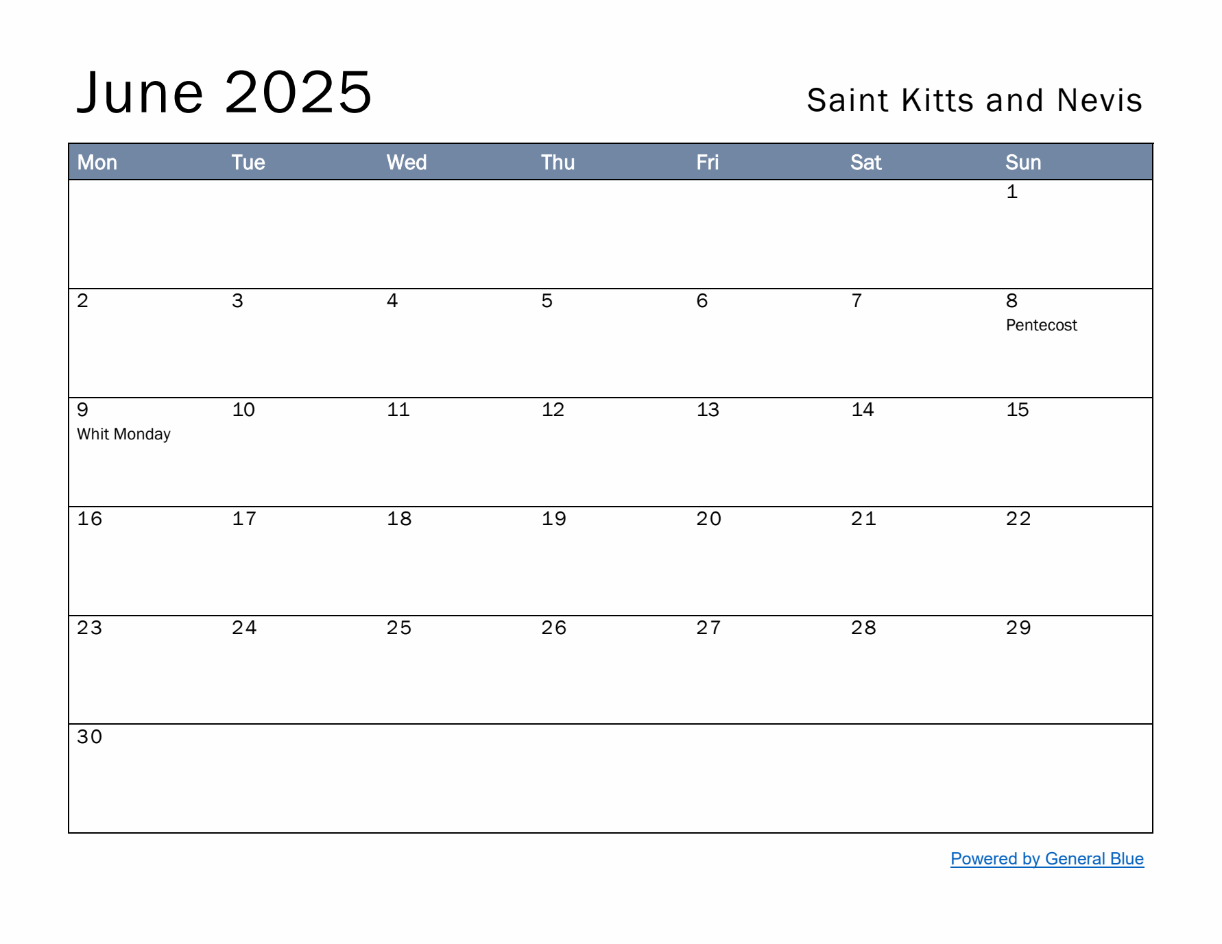 June 2025 Simple Monthly Calendar for Saint Kitts and Nevis