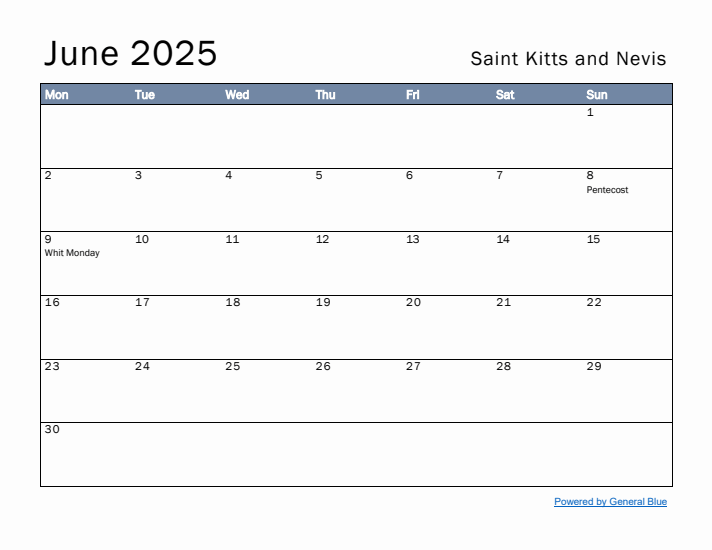 June 2025 Simple Monthly Calendar for Saint Kitts and Nevis