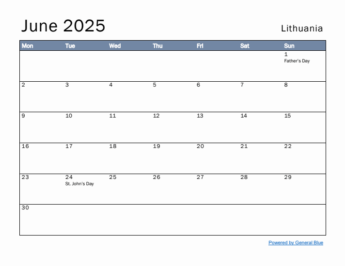 June 2025 Simple Monthly Calendar for Lithuania