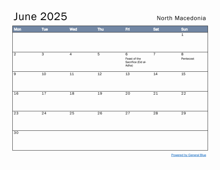 June 2025 Simple Monthly Calendar for North Macedonia