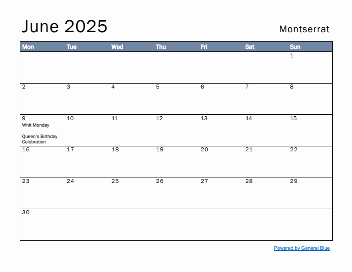June 2025 Simple Monthly Calendar for Montserrat