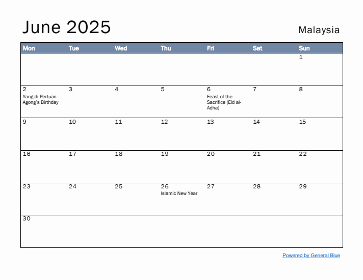 June 2025 Simple Monthly Calendar for Malaysia
