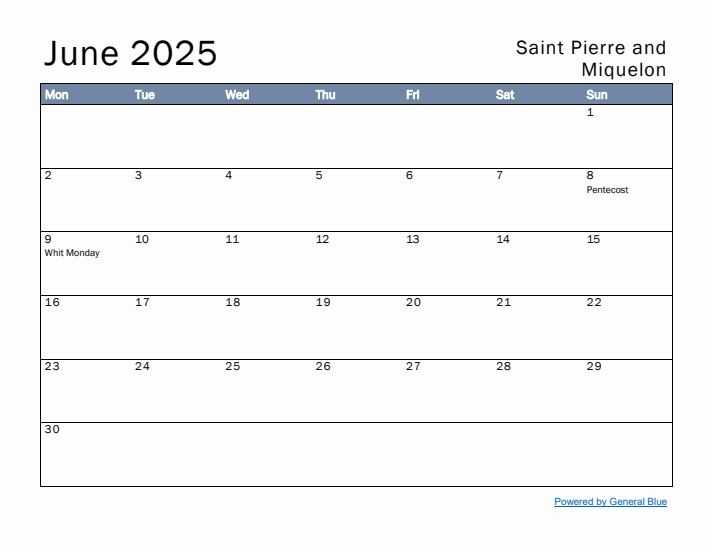 June 2025 Simple Monthly Calendar for Saint Pierre and Miquelon
