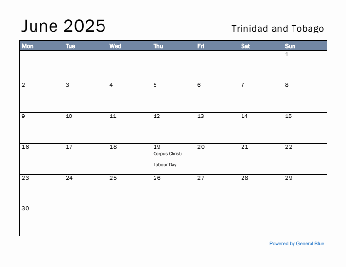 June 2025 Simple Monthly Calendar for Trinidad and Tobago