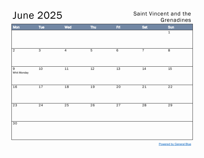 June 2025 Simple Monthly Calendar for Saint Vincent and the Grenadines