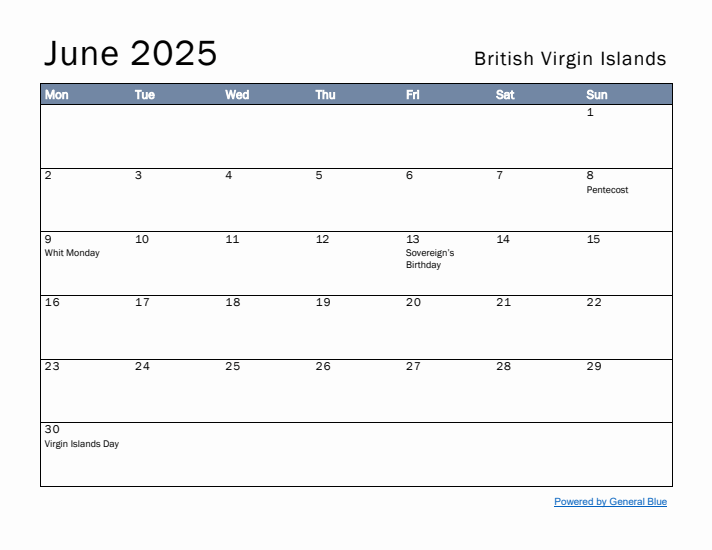 June 2025 Simple Monthly Calendar for British Virgin Islands