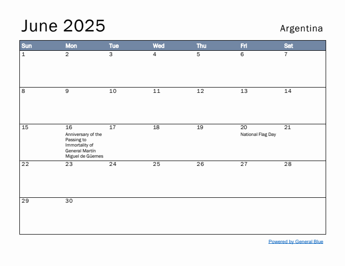 June 2025 Simple Monthly Calendar for Argentina