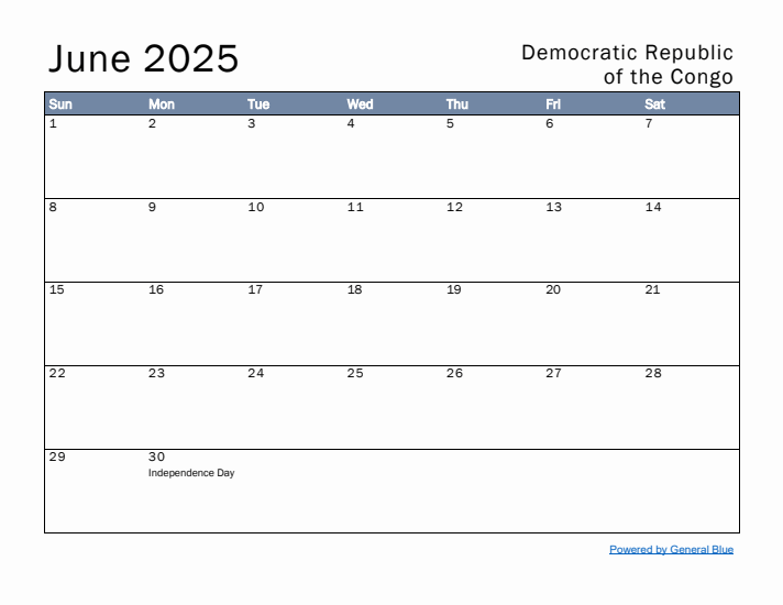 June 2025 Simple Monthly Calendar for Democratic Republic of the Congo