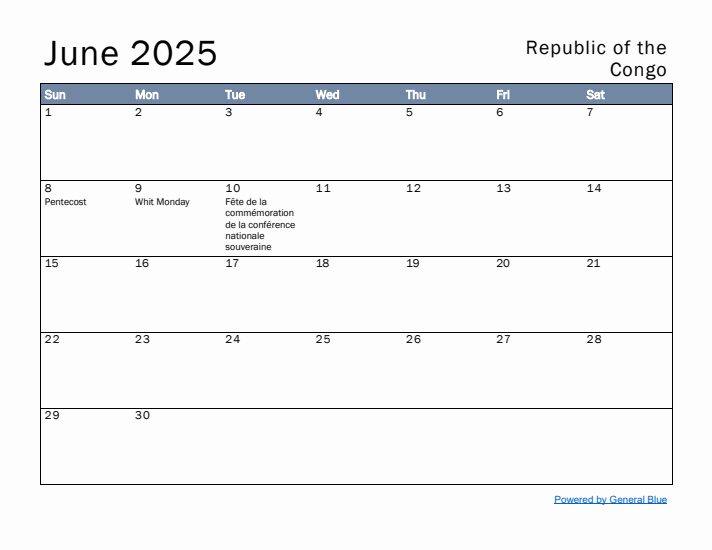 June 2025 Simple Monthly Calendar for Republic of the Congo