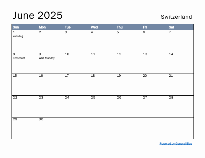 June 2025 Simple Monthly Calendar for Switzerland