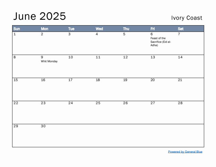 June 2025 Simple Monthly Calendar for Ivory Coast