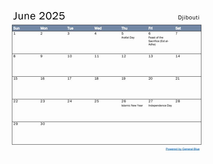 June 2025 Simple Monthly Calendar for Djibouti