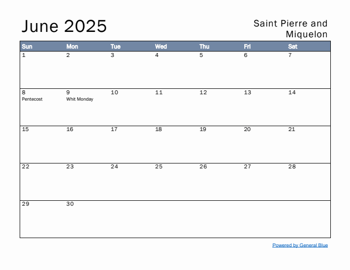 June 2025 Simple Monthly Calendar for Saint Pierre and Miquelon