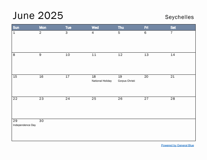 June 2025 Simple Monthly Calendar for Seychelles