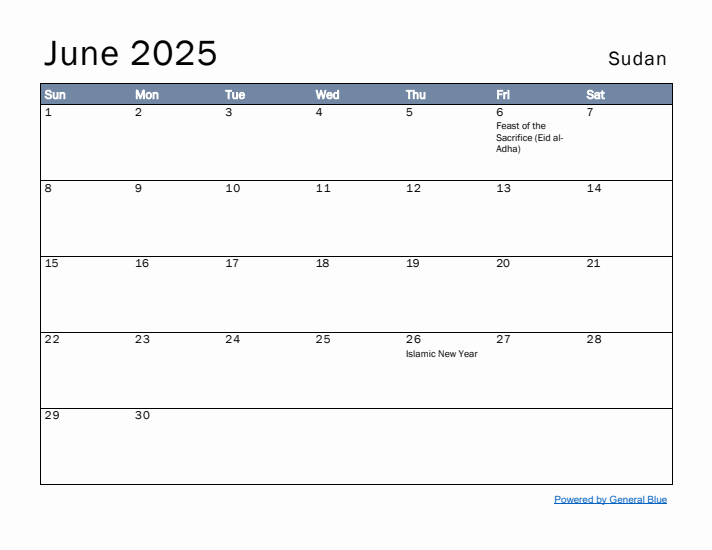 June 2025 Simple Monthly Calendar for Sudan