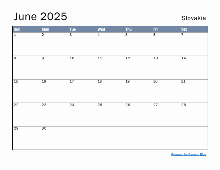 June 2025 Simple Monthly Calendar for Slovakia
