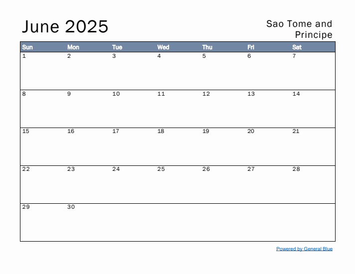 June 2025 Simple Monthly Calendar for Sao Tome and Principe