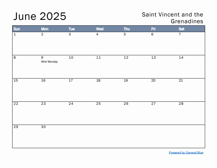 June 2025 Simple Monthly Calendar for Saint Vincent and the Grenadines