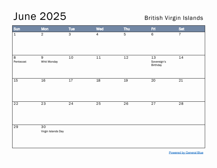 June 2025 Simple Monthly Calendar for British Virgin Islands