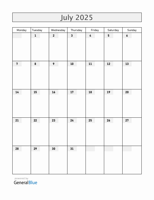 Blank July 2025 Calendar