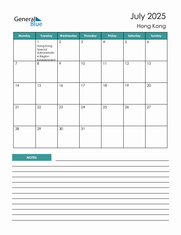 Calendar with Notes Printable - Monday Start