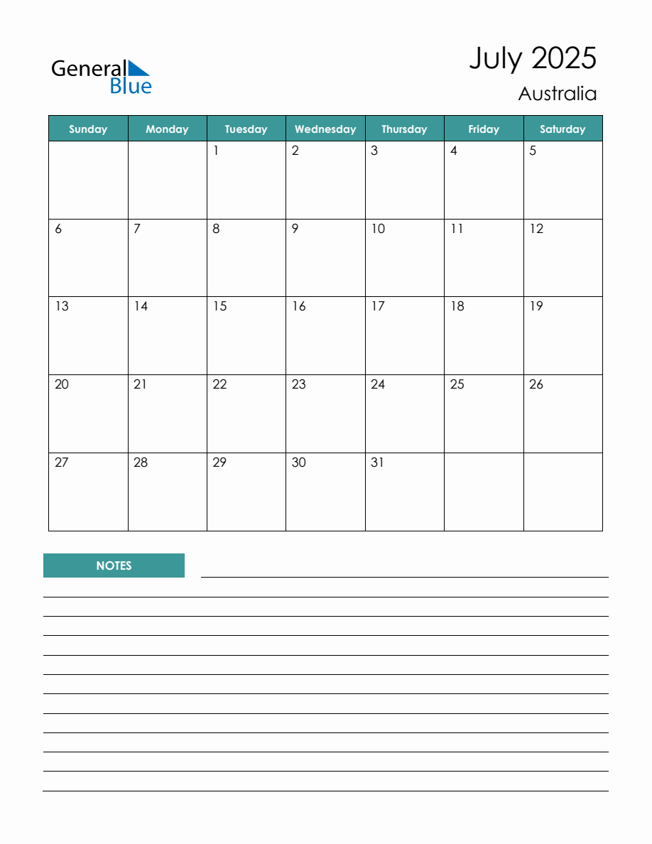 Monthly Planner with Australia Holidays - July 2025