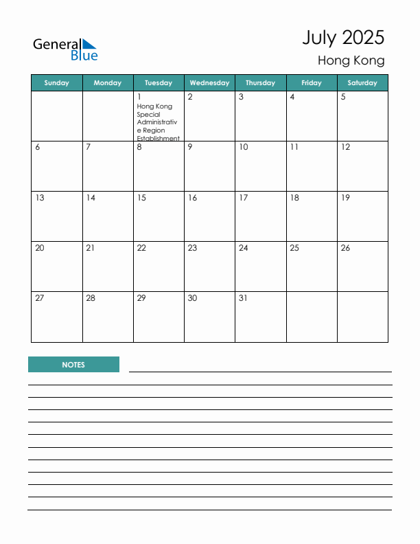 Calendar with Notes Printable - Sunday Start