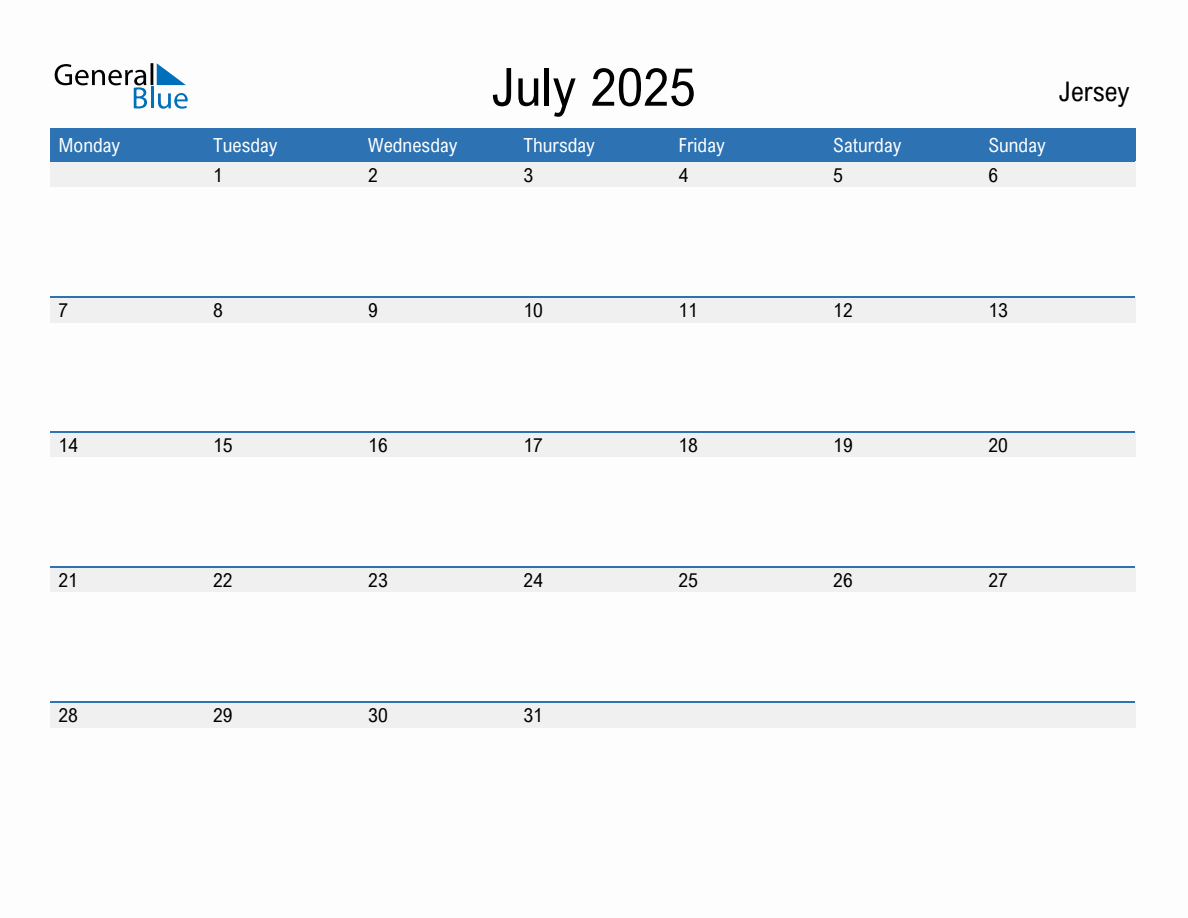 Editable July 2025 Calendar with Jersey Holidays