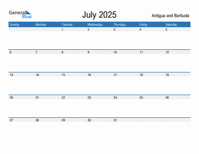 Current month calendar with Antigua and Barbuda holidays for July 2025