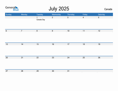 Current month calendar with Canada holidays for July 2025