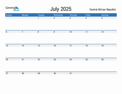 Current month calendar with Central African Republic holidays for July 2025