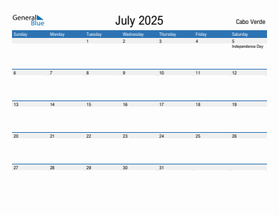 Current month calendar with Cabo Verde holidays for July 2025