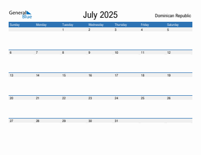 Current month calendar with Dominican Republic holidays for July 2025