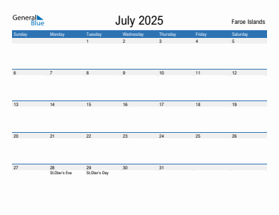 Current month calendar with Faroe Islands holidays for July 2025