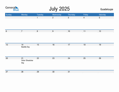 Current month calendar with Guadeloupe holidays for July 2025